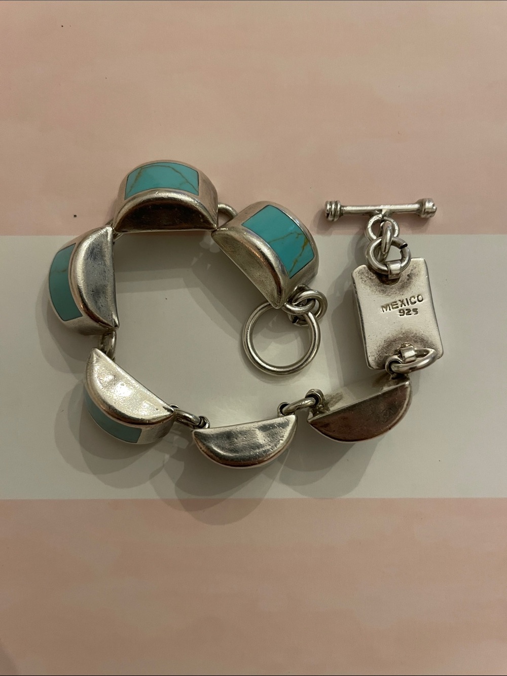 Mexican Silver Turquoise Stone Link Bracelet - Women's Silver Jewelry - Picture 2 of 3